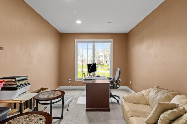 office space with recessed lighting, baseboards, and light colored carpet