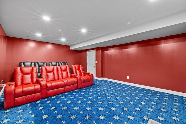 home theater room featuring carpet floors, recessed lighting, and baseboards
