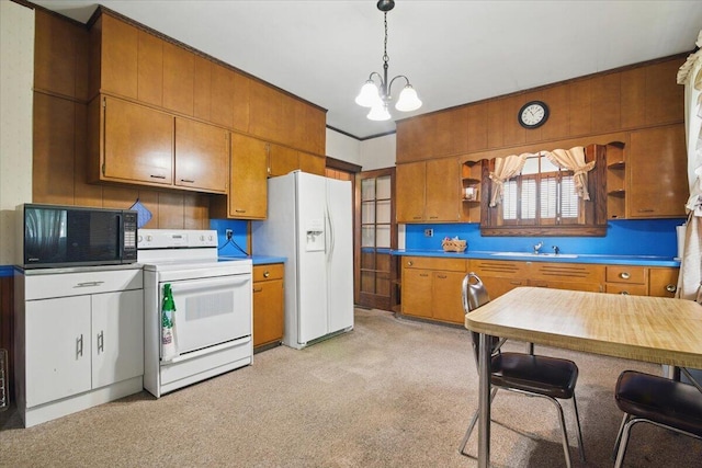 639 Iron St, Lehighton, PA 18235 - kitchen featuring white appliances, a chandelier, brown cabinetry, open shelves, and light colored carpet
