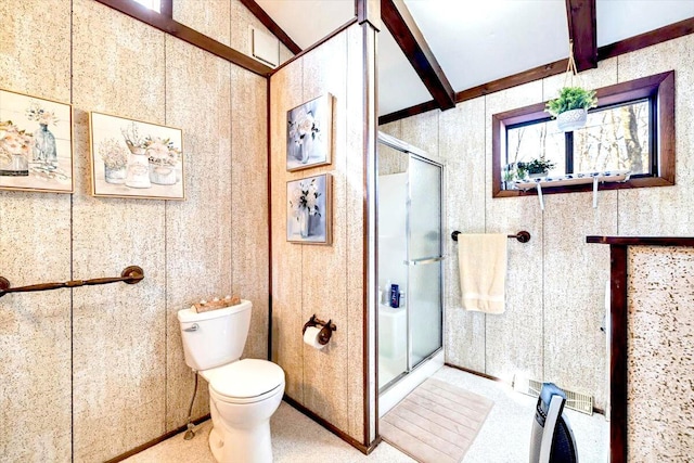 full bathroom with visible vents, beam ceiling, toilet, and a shower stall