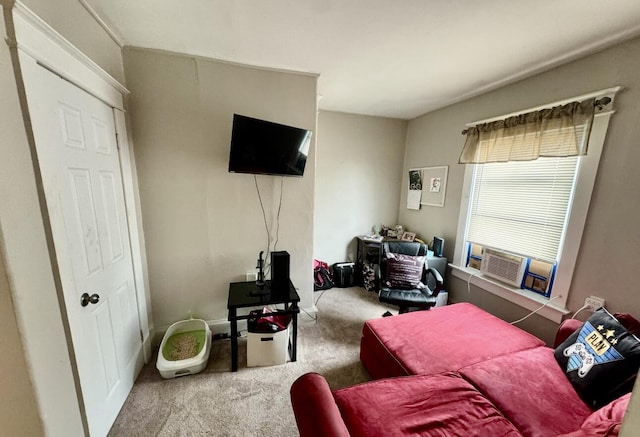 living room featuring cooling unit and carpet