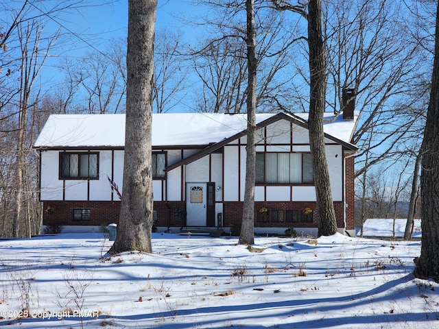 view of front of property featuring brick siding, a chimney, and entry steps