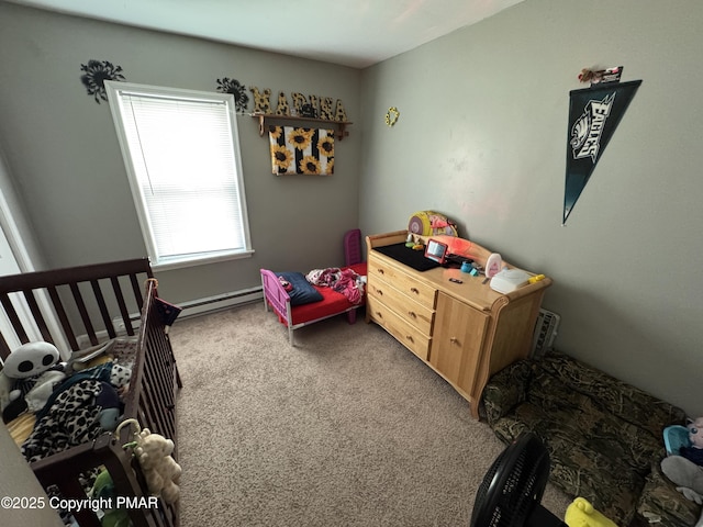 bedroom featuring a baseboard radiator and carpet