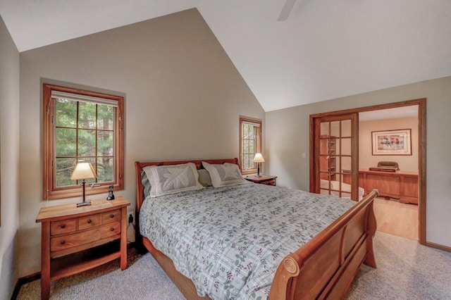 3110 Tall Timber Lake Rd, Pocono Pines, PA 18350 - bedroom with light carpet, high vaulted ceiling, ceiling fan, and baseboards