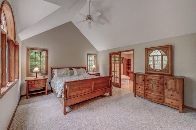 3110 Tall Timber Lake Rd, Pocono Pines, PA 18350 - bedroom featuring light carpet, multiple windows, baseboards, and high vaulted ceiling