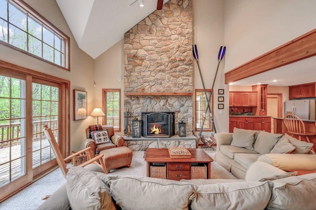 3110 Tall Timber Lake Rd, Pocono Pines, PA 18350 - living area with high vaulted ceiling and a fireplace