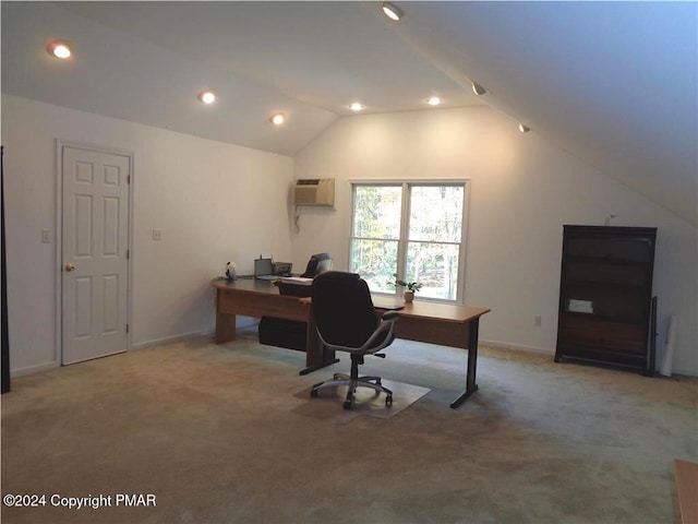 home office with lofted ceiling, recessed lighting, baseboards, and light colored carpet