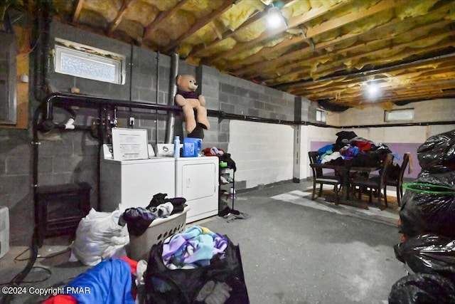 unfinished basement featuring washing machine and dryer and concrete block wall