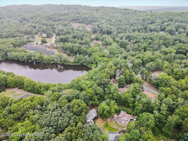 aerial view with a water view and a wooded view