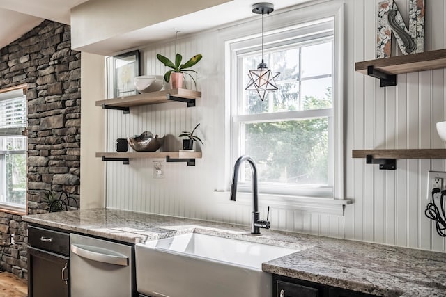 631 Main St, Tatamy, PA 18085 - kitchen featuring open shelves, a sink, stainless steel dishwasher, and light stone counters
