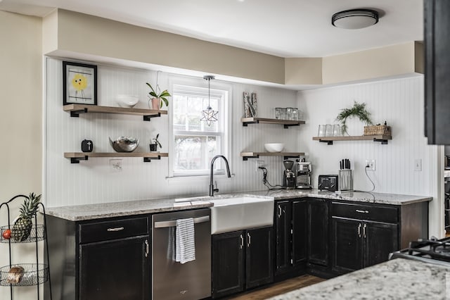 631 Main St, Tatamy, PA 18085 - kitchen with stainless steel dishwasher, dark cabinetry, open shelves, and a sink