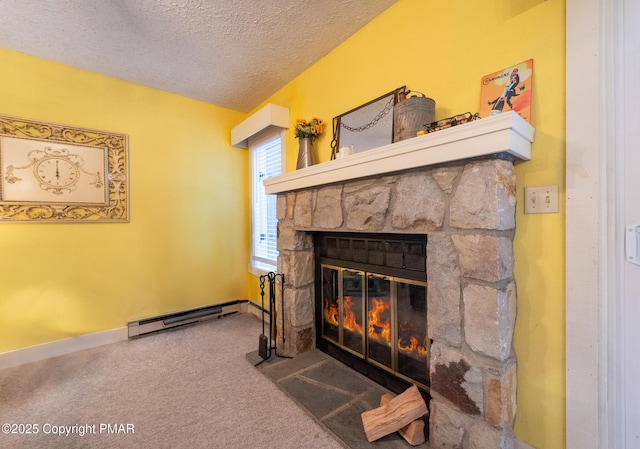 interior details with baseboards, a baseboard radiator, a textured ceiling, carpet flooring, and a fireplace