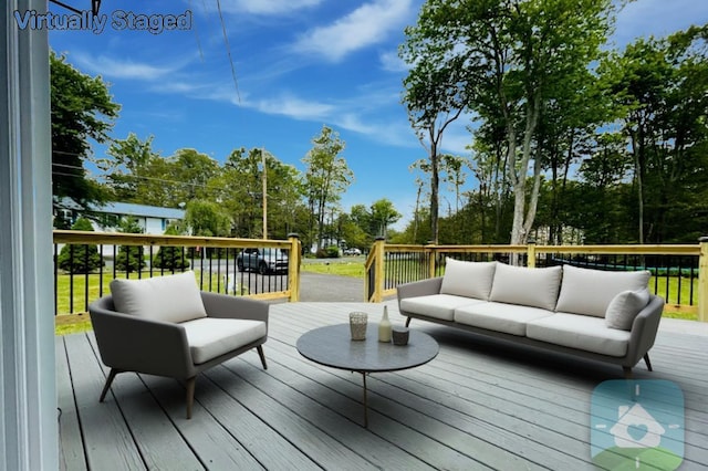 1216 Winding Way, Tobyhanna, PA 18466 - wooden terrace featuring an outdoor living space and view of scattered trees