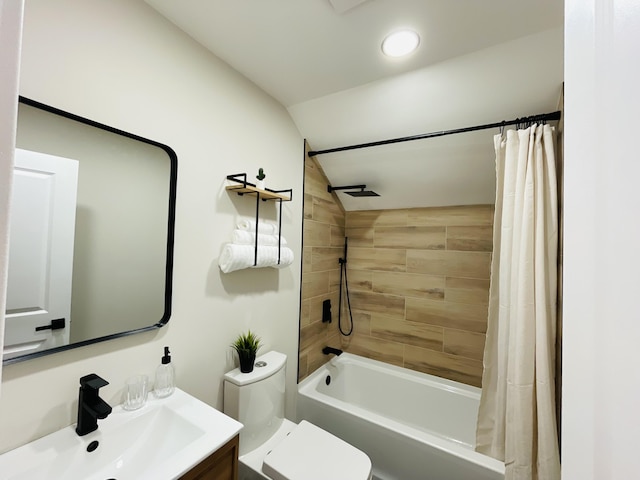 1216 Winding Way, Tobyhanna, PA 18466 - full bathroom with vanity, vaulted ceiling, shower / bath combo with shower curtain, and recessed lighting