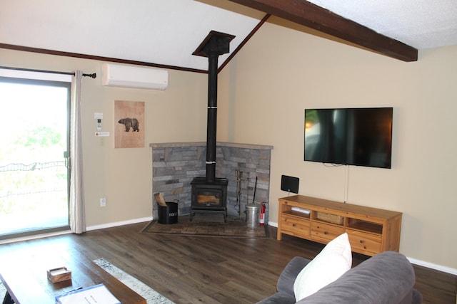 248 High Pass Way, Tannersville, PA 18372 - living area featuring a wall mounted AC, a wood stove, and wood finished floors