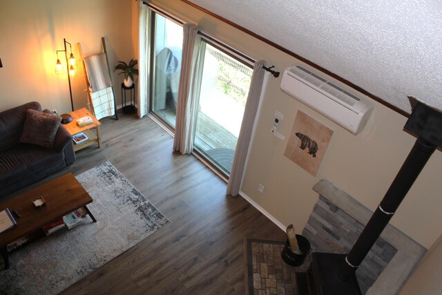 248 High Pass Way, Tannersville, PA 18372 - living area with a wood stove, wood finished floors, and a wall mounted air conditioner