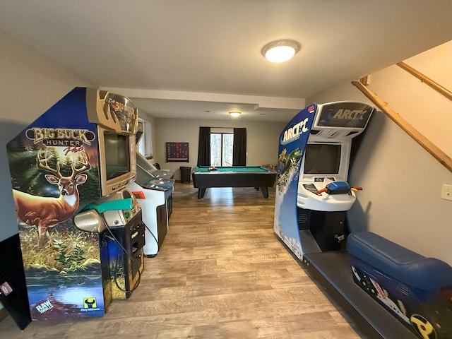 rec room with pool table and wood finished floors