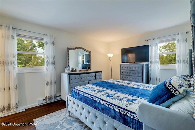 bedroom featuring baseboards, multiple windows, baseboard heating, and wood finished floors