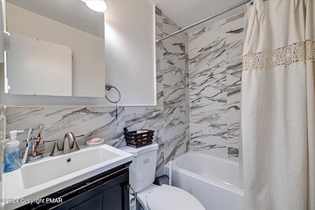 full bath featuring decorative backsplash, toilet, shower / tub combo with curtain, vanity, and tile walls