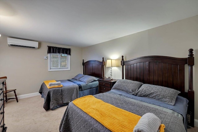 bedroom featuring light colored carpet, baseboards, and a wall mounted AC