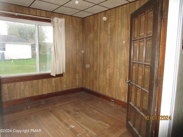 unfurnished room featuring a healthy amount of sunlight and wood walls