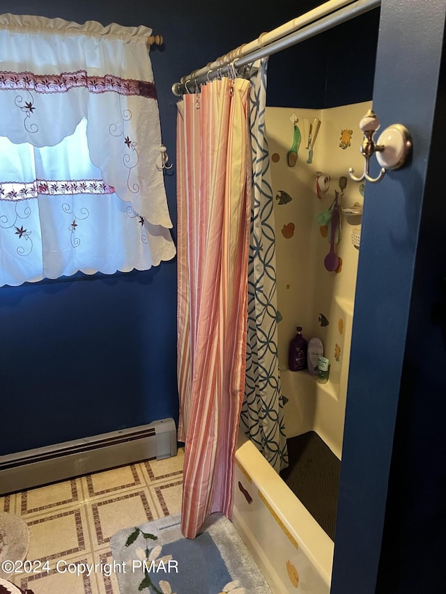 full bathroom featuring a baseboard radiator and shower / bathtub combination with curtain