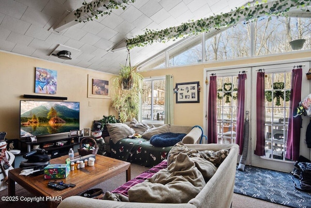 carpeted living area featuring lofted ceiling