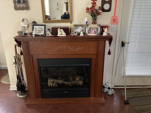 room details with a glass covered fireplace, wood finished floors, and baseboards