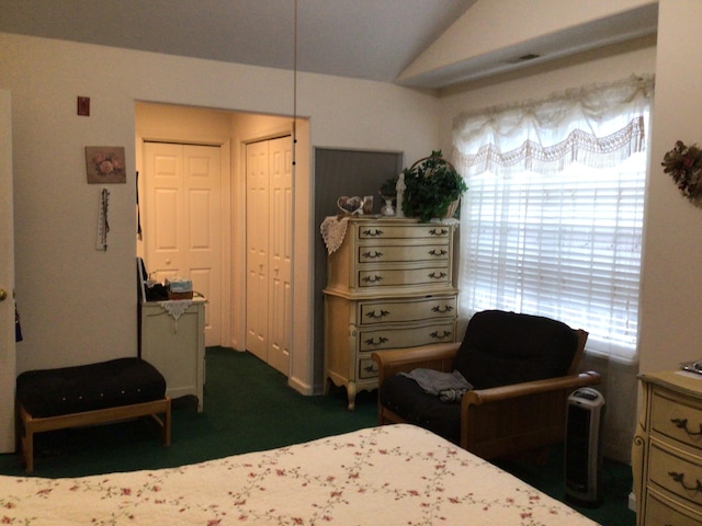 bedroom with dark carpet and vaulted ceiling