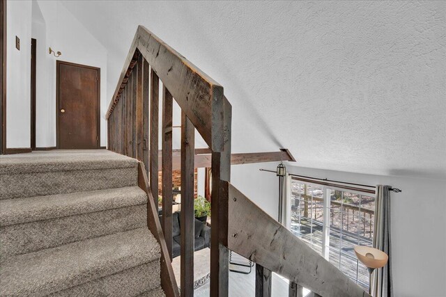 41 Pinoak Dr, Jim Thorpe, PA 18229 - stairs with a textured ceiling, lofted ceiling, and carpet floors