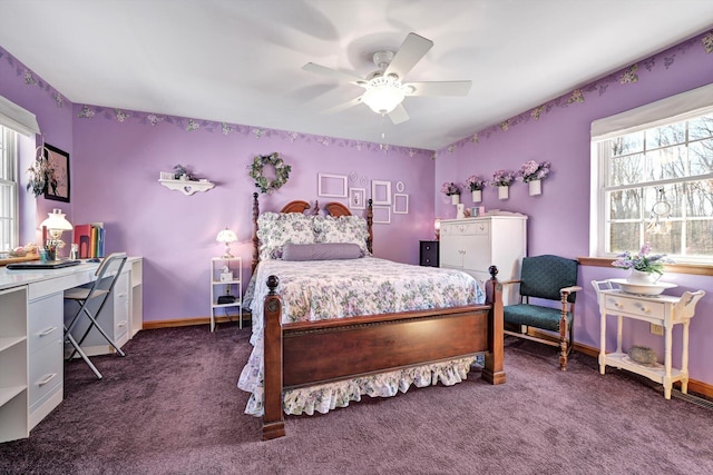 carpeted bedroom featuring baseboards and ceiling fan