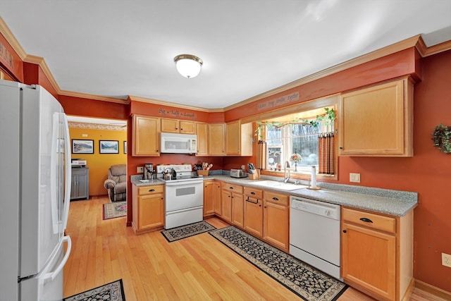 kitchen featuring white appliances, a sink, light countertops, light wood-style floors, and crown molding