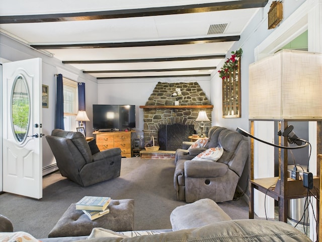 203 Old Rte 940, Pocono Pines, PA 18350 - living area with carpet, a baseboard radiator, beam ceiling, and a fireplace
