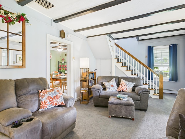 203 Old Rte 940, Pocono Pines, PA 18350 - living area featuring stairway, carpet floors, and beamed ceiling