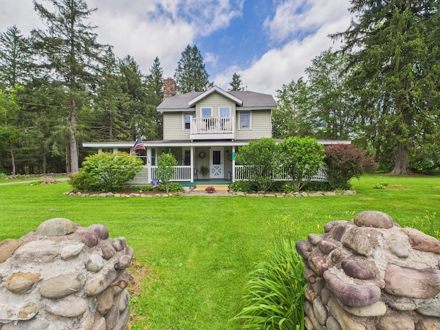 203 Old Rte 940, Pocono Pines, PA 18350 - view of front of home with covered porch, a front lawn, a chimney, and a balcony