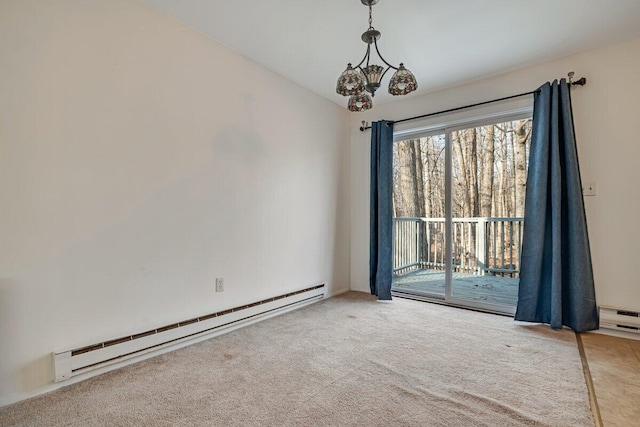 empty room with baseboard heating, an inviting chandelier, carpet, and vaulted ceiling