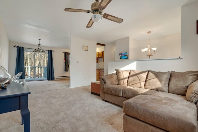 living area with a baseboard heating unit, ceiling fan with notable chandelier, and light carpet