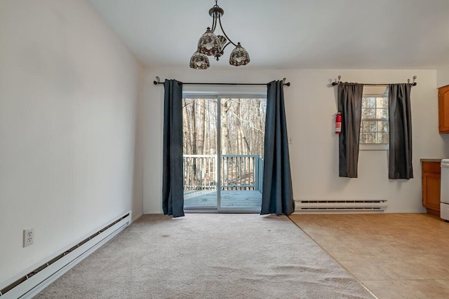 unfurnished room featuring light carpet and baseboard heating