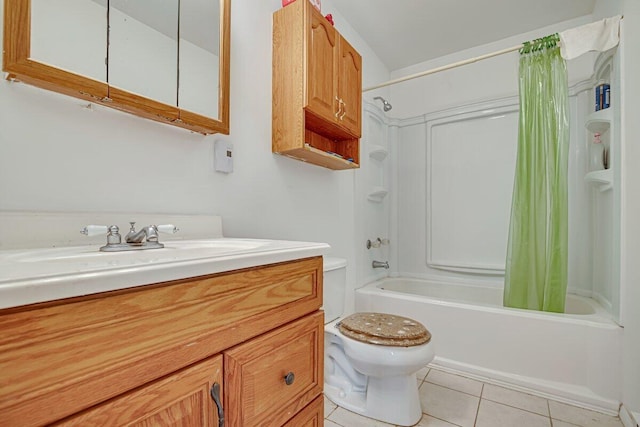 full bath with vanity, toilet, shower / tub combo, and tile patterned flooring