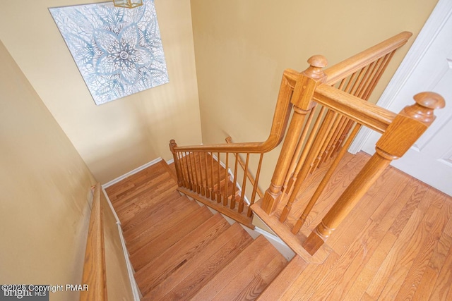 stairs featuring hardwood / wood-style floors