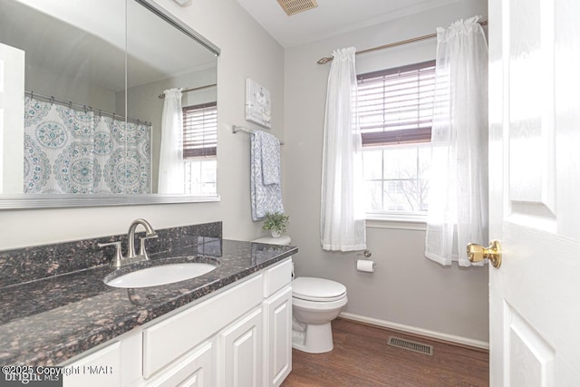 bathroom featuring vanity, wood-type flooring, and toilet