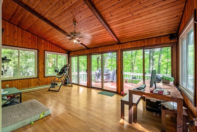 108 Bayberry Ct, Stroudsburg, PA 18360 - sunroom / solarium featuring vaulted ceiling, baseboard heating, wooden walls, wood finished floors, and wood ceiling