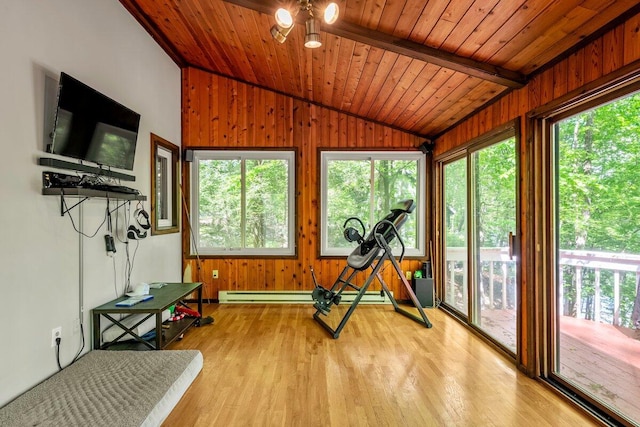 108 Bayberry Ct, Stroudsburg, PA 18360 - exercise area with lofted ceiling, healthy amount of natural light, wood walls, wood finished floors, and a ceiling fan