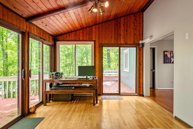 108 Bayberry Ct, Stroudsburg, PA 18360 - sunroom / solarium with lofted ceiling, wooden ceiling, hardwood / wood-style floors, wood walls, and a wooden deck