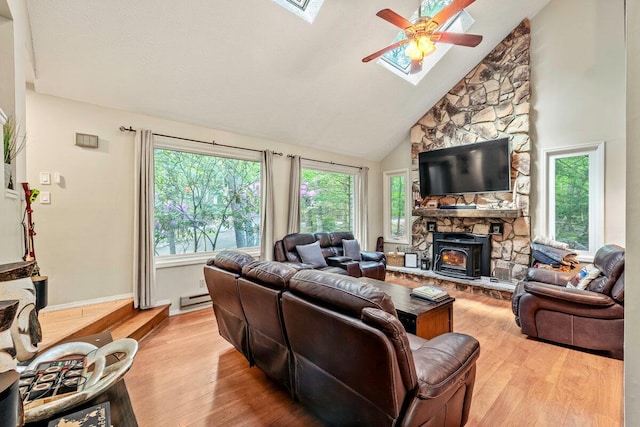 108 Bayberry Ct, Stroudsburg, PA 18360 - living area with a skylight, baseboard heating, wood finished floors, ceiling fan, and high vaulted ceiling