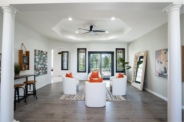 901 Meyer Rd, Nazareth, PA 18064 - living room with a ceiling fan, dark wood-style flooring, decorative columns, and recessed lighting