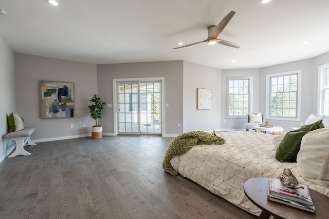 901 Meyer Rd, Nazareth, PA 18064 - bedroom with recessed lighting, dark wood-style floors, a ceiling fan, baseboards, and access to exterior