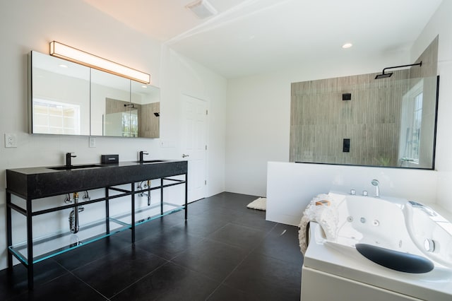 901 Meyer Rd, Nazareth, PA 18064 - full bathroom featuring a sink, a tub with jets, tiled shower, and tile patterned floors