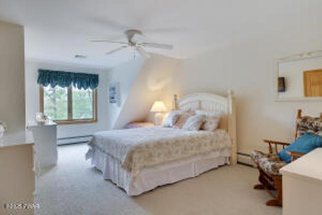 7 Shore Line Dr, Lakeville, PA 18438 - bedroom with baseboard heating, carpet, and a ceiling fan