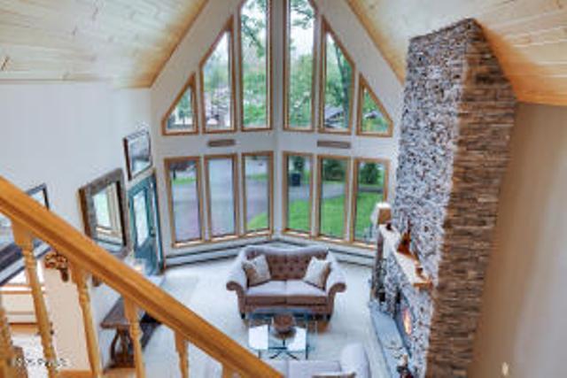 7 Shore Line Dr, Lakeville, PA 18438 - living area with wooden ceiling and lofted ceiling